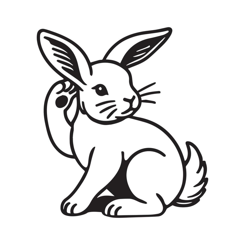 Bunny Outline Clipart - A Ear Cleaning Rabbit illustration in black and white vector