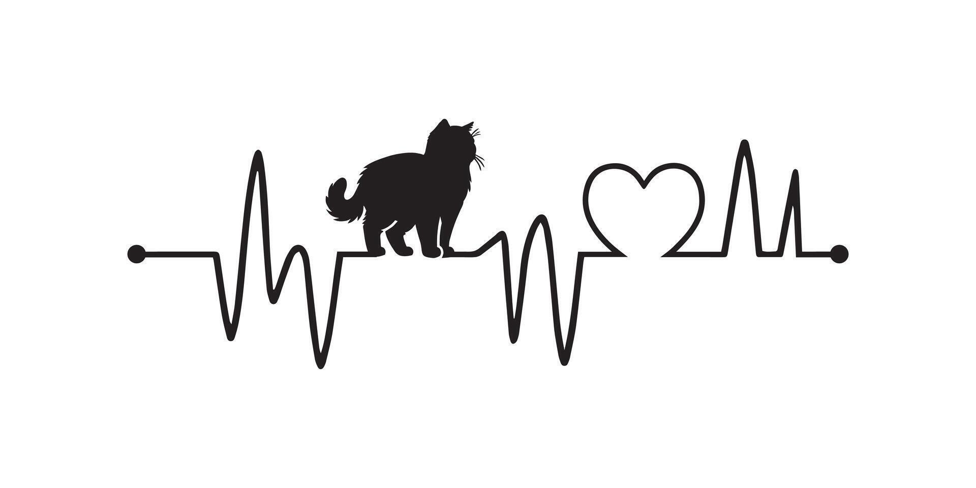 Heartbeat line with British Shorthair Cat silhouette, Cat and Heartbeat frequency with Heart Love illustration vector
