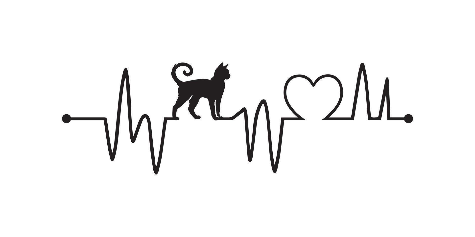 Heartbeat line with Bengal Cat silhouette, Cat and Heartbeat frequency with Heart Love illustration vector