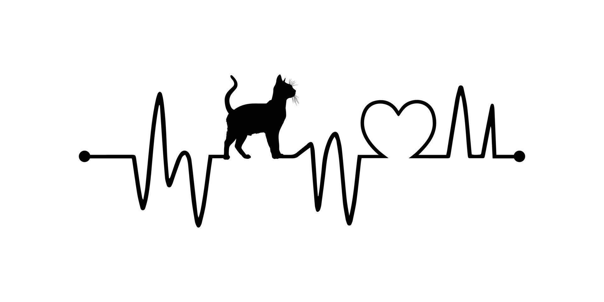 Heartbeat line with Burmese Cat silhouette, Cat and Heartbeat frequency with Heart Love illustration vector