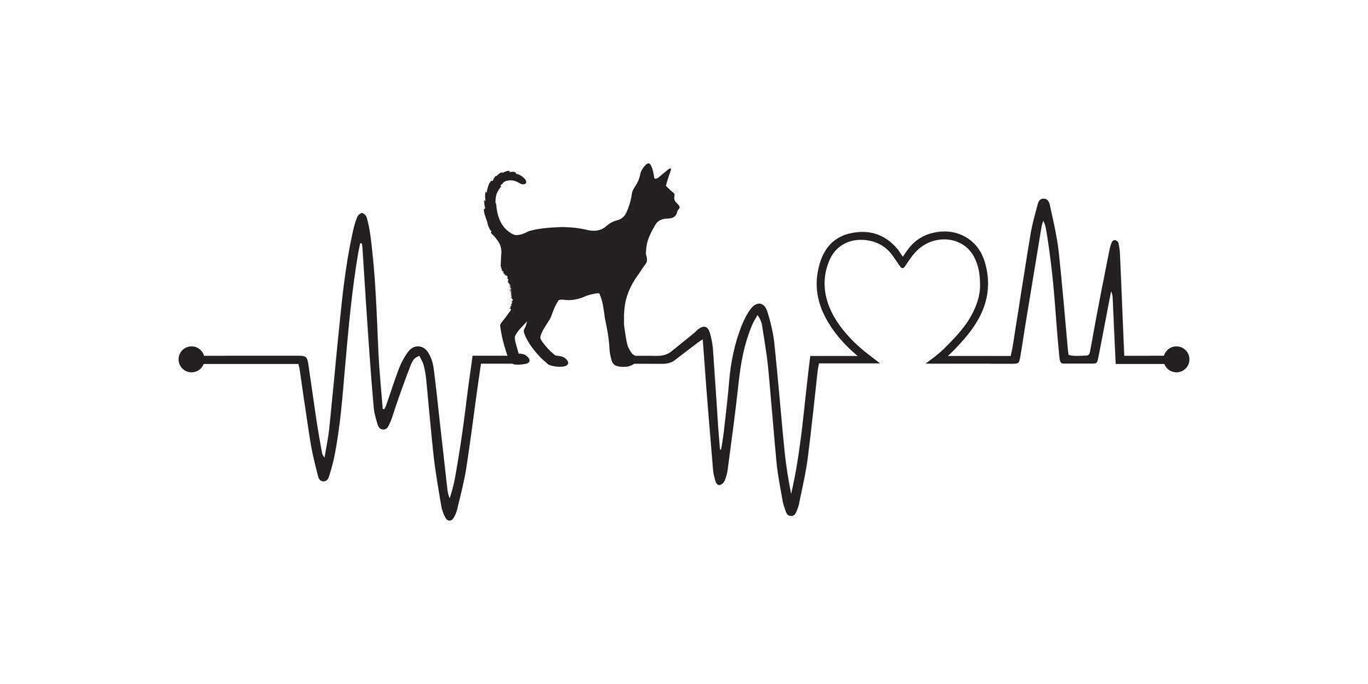 Heartbeat line with Colorpoint Shorthair Cat silhouette, Cat and Heartbeat frequency with Heart Love illustration vector