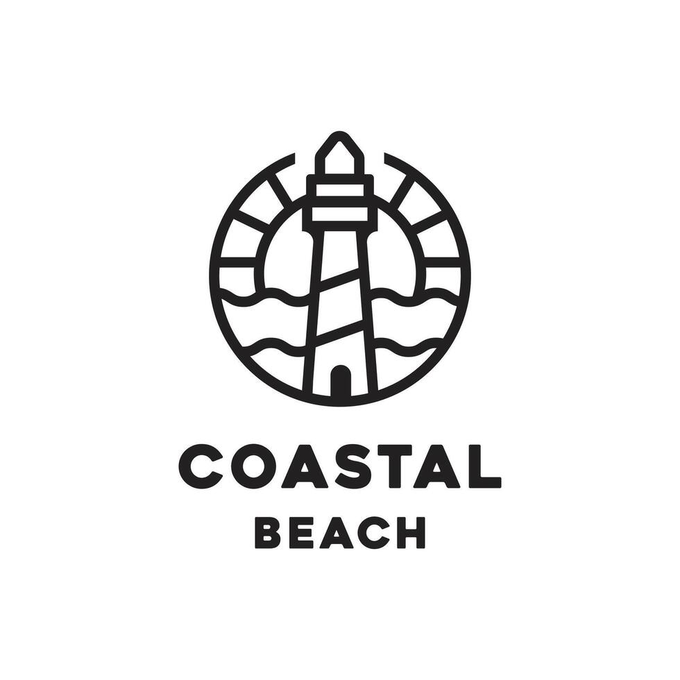 vintage retro circular costal beach harbor Lighthouse Searchlight Beacon Tower Island Beach logo design vector