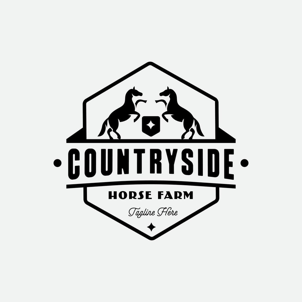 two Horse silhouette paddock for vintage retro rustic countryside western country farm stable ranch logo design vector