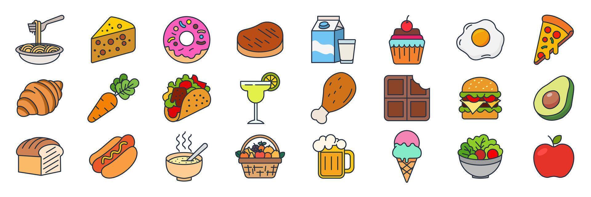 food and drink icons set, Included icons as Apple, croissant, hamburger, avocado and more symbols collection, logo isolated illustration vector