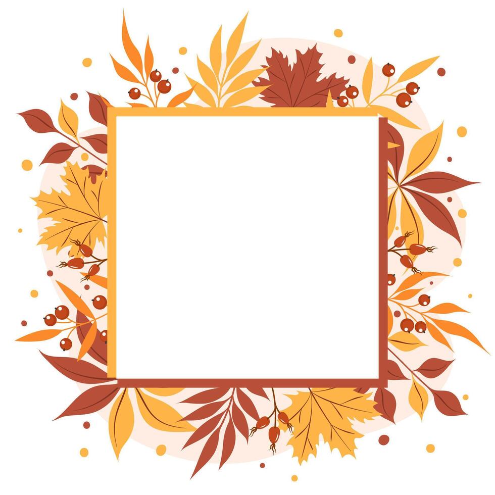 Autumn leaves frame, copy space. Square shape with beautiful bright leavesaround. Design for greeting card or promotional poster. vector