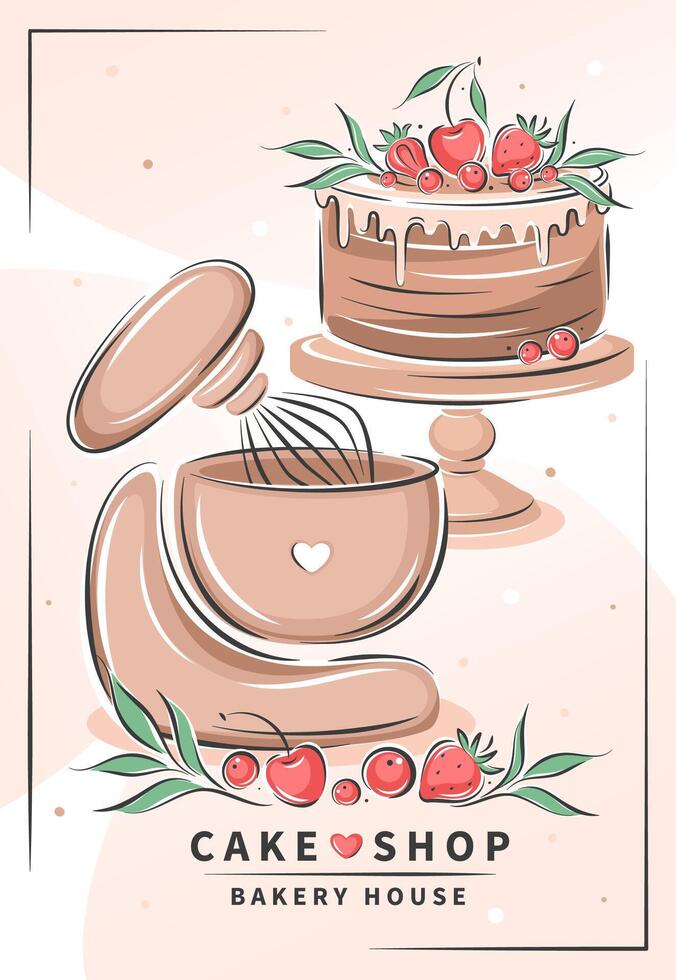 Cake shop. Bakery house. Mixer for making cakes, cookies and pastries. vector