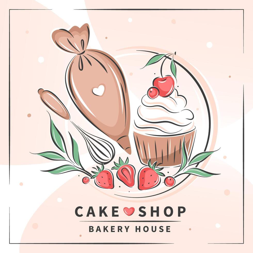 Cake shop logo. Set of tools for making cakes, cookies and pastries. illustration for menu, recipe book, baking shop, cafe. vector