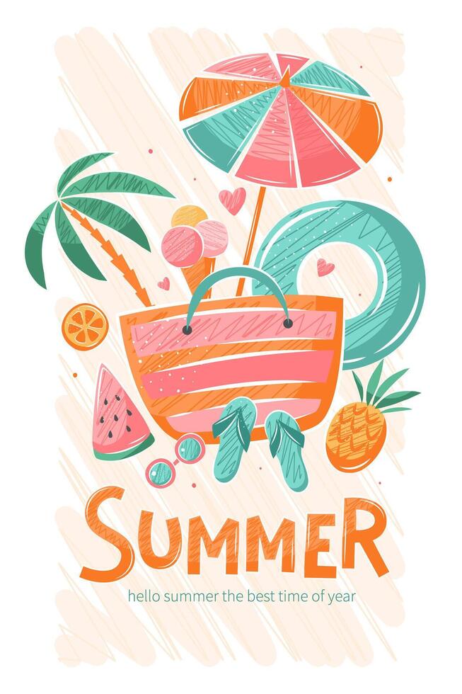 Summer, holidays and travel background. Set of summer illustrations for poster, banner, cover, card. vector