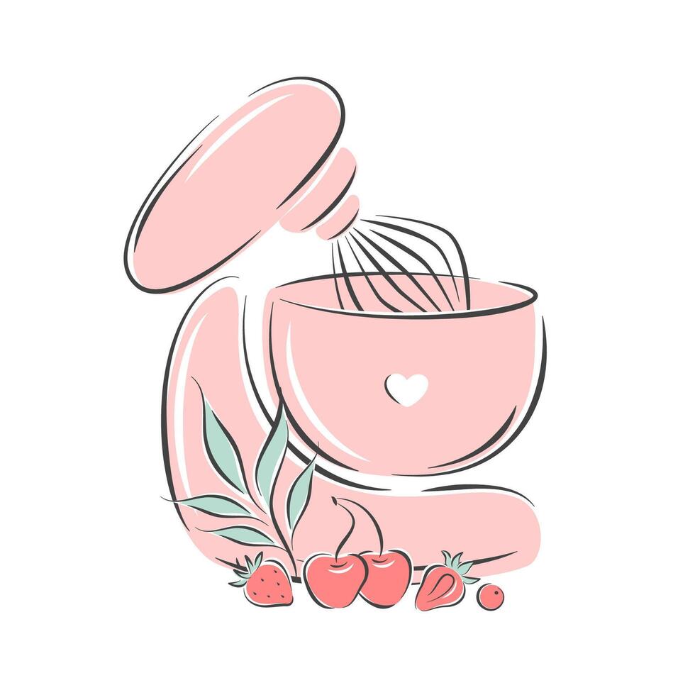 Cake shop logo. Planetary stationary dough mixer and different berries. vector