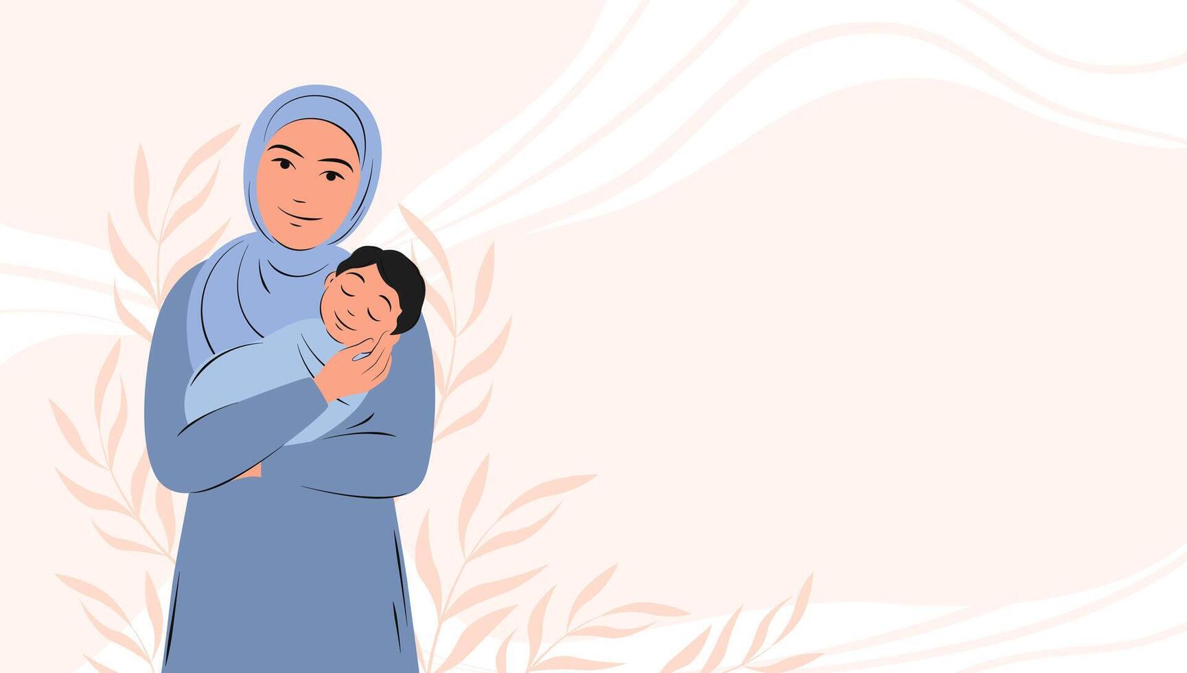 Banner about pregnancy and motherhood with place for text. Arabian woman is holding newborn baby. Muslim girl in traditional dress. vector