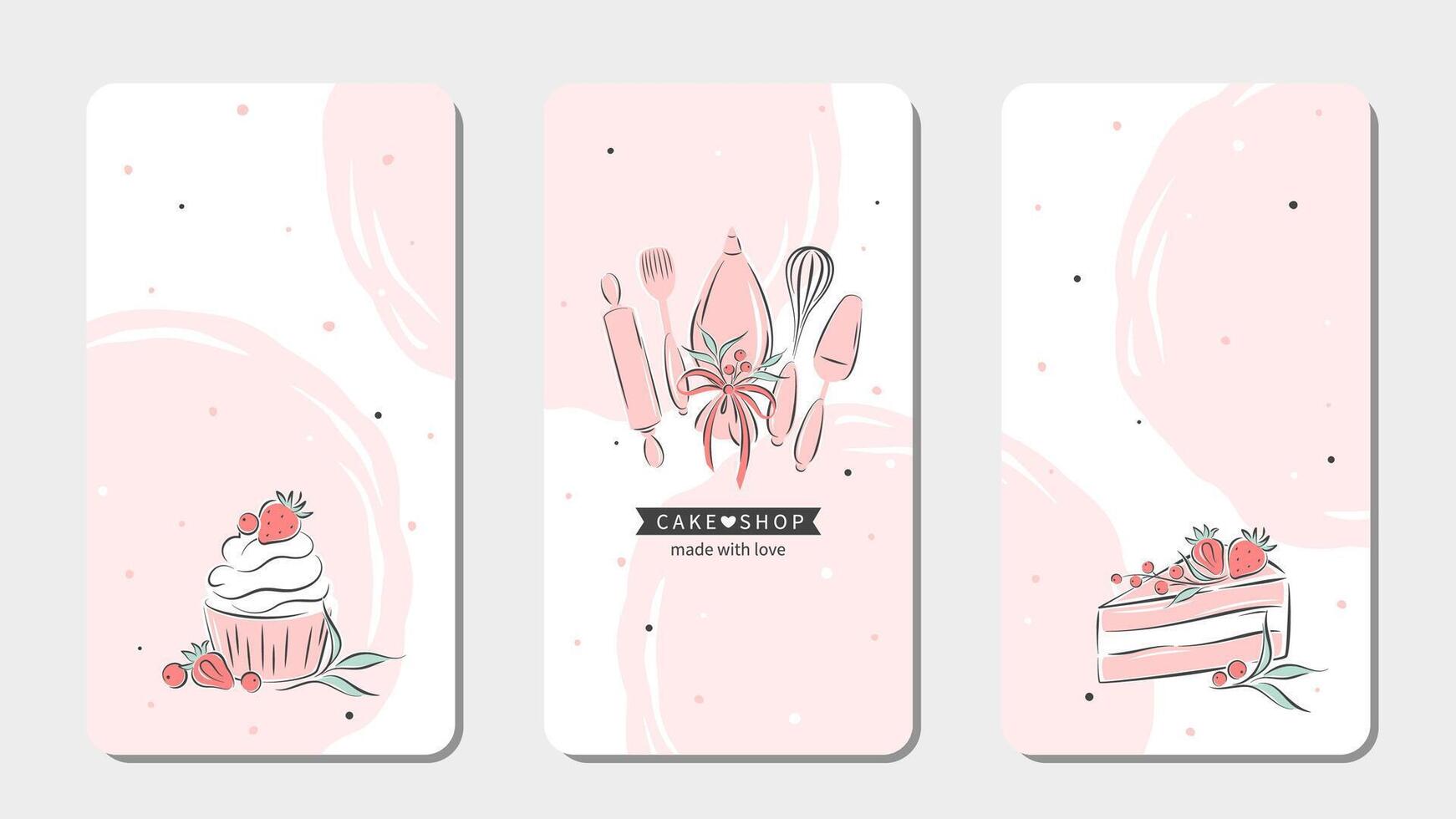Set of design sample for pastry and bread shop. Cake shop logo. Kitchen tools for baking. Cakes and berries. vector