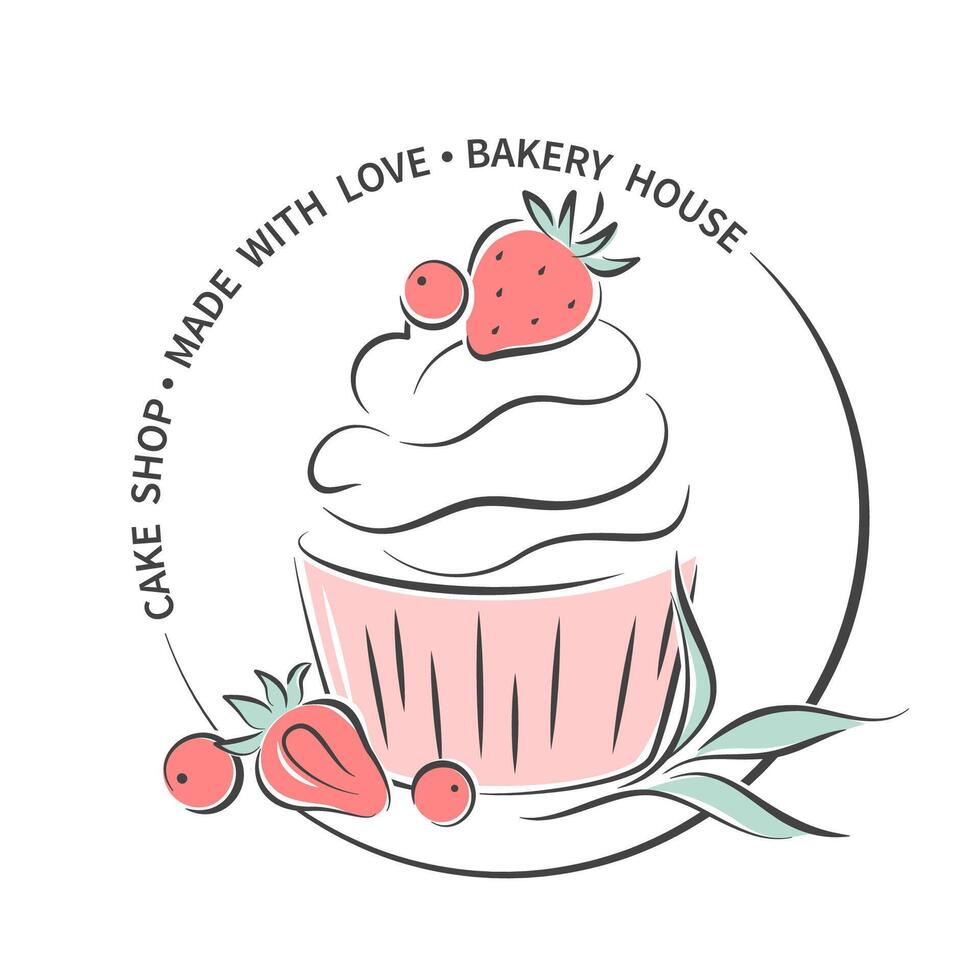 Cake shop logo. Cupcake and berries. illustration for menu, recipe book, baking shop, cafe, restaurant. vector