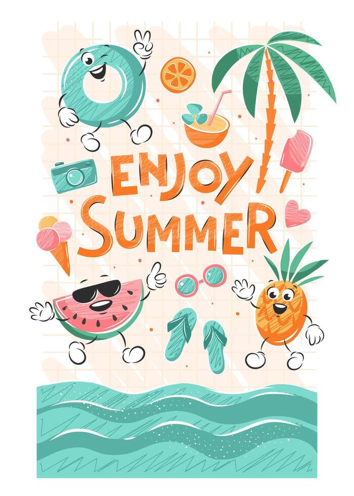 Banner with cartoon summer fruits and lifebuoy. Summer, holidays and travel background. Set of illustrations for poster, cover, card. vector