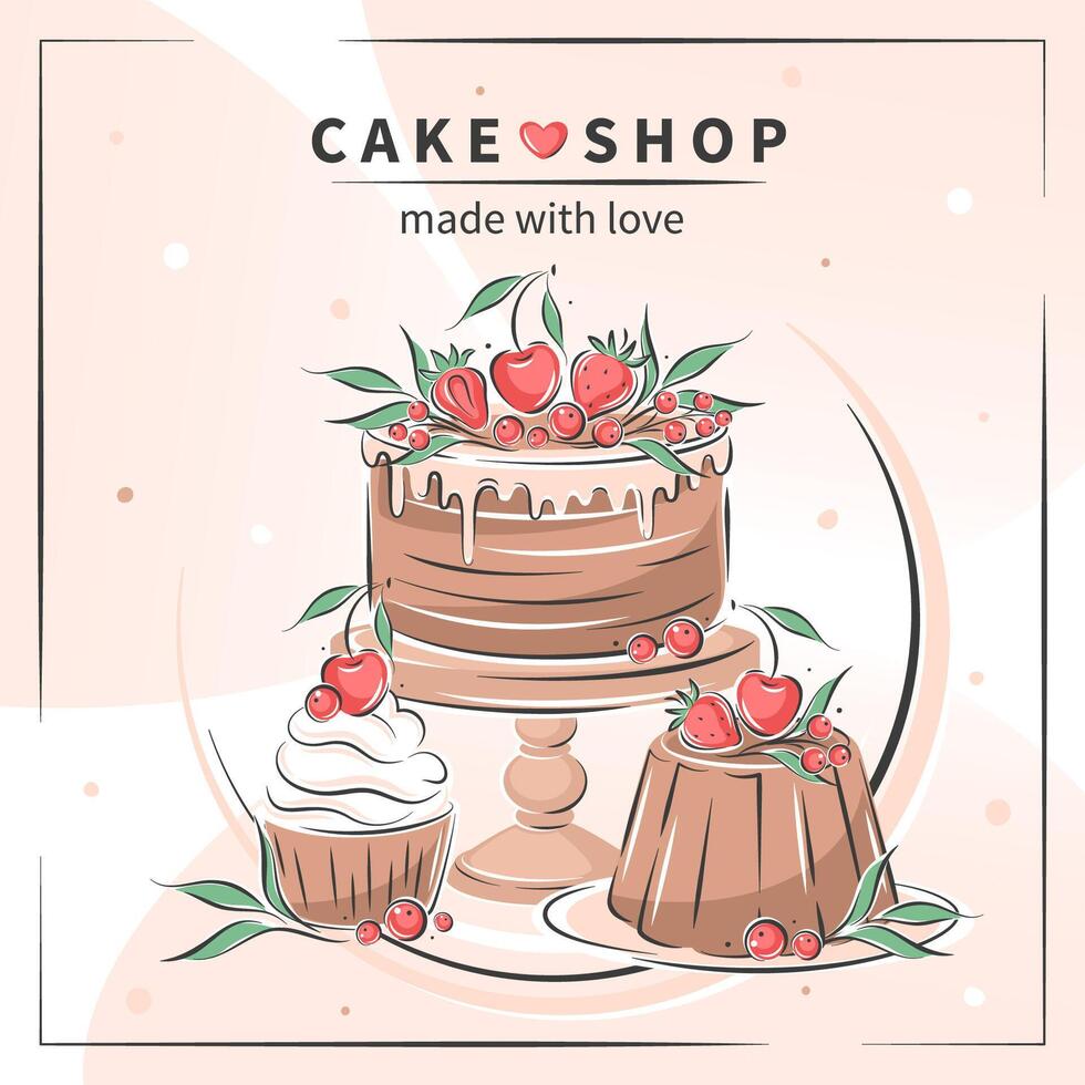 Cake shop. Cake, cupcake and berries. illustration on white background for menu, recipe book, baking shop. vector