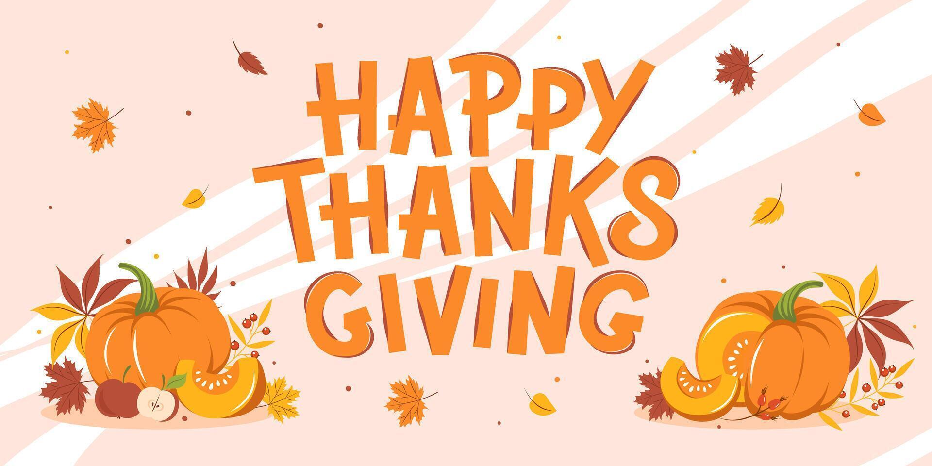 Happy thanksgiving. Card design with autumn colorful leaves, harvest pumpkin and fruit on cart. illustration for holiday greeting card, banner, poster. vector