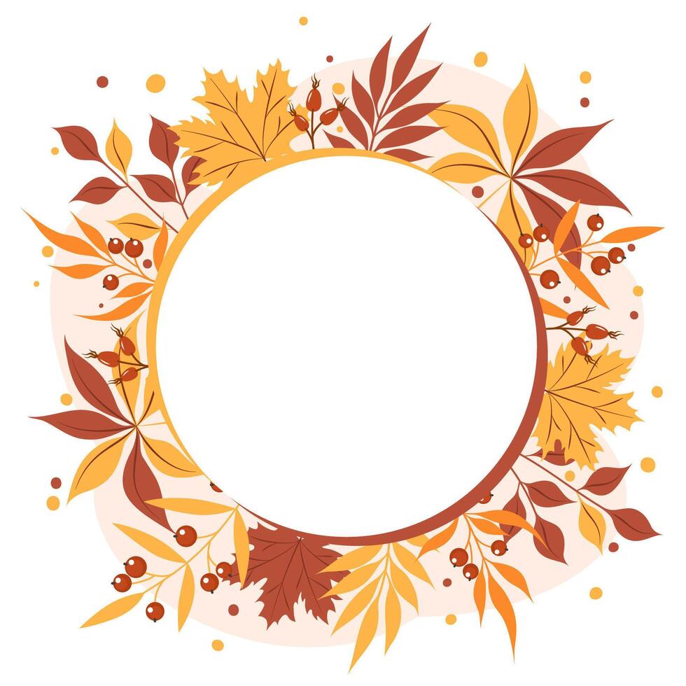Autumn leaves frame, copy space. Circular shape with beautiful bright leavesaround. Design for greeting card or promotional poster. vector