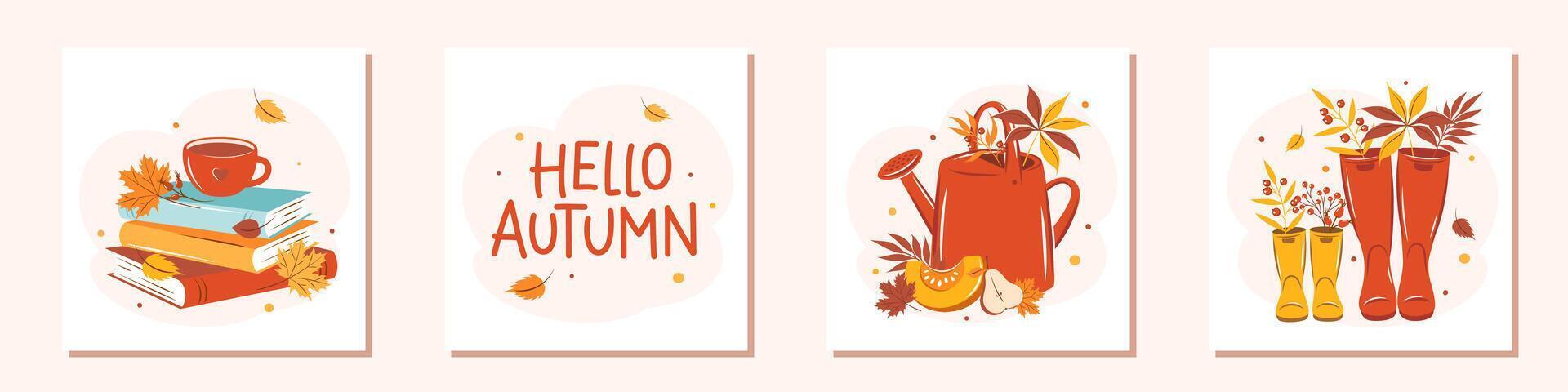 Set cards Hello Autumn . Set with pumpkin, fruit, cute wellies boots, watering can, books and autumn leaves. vector