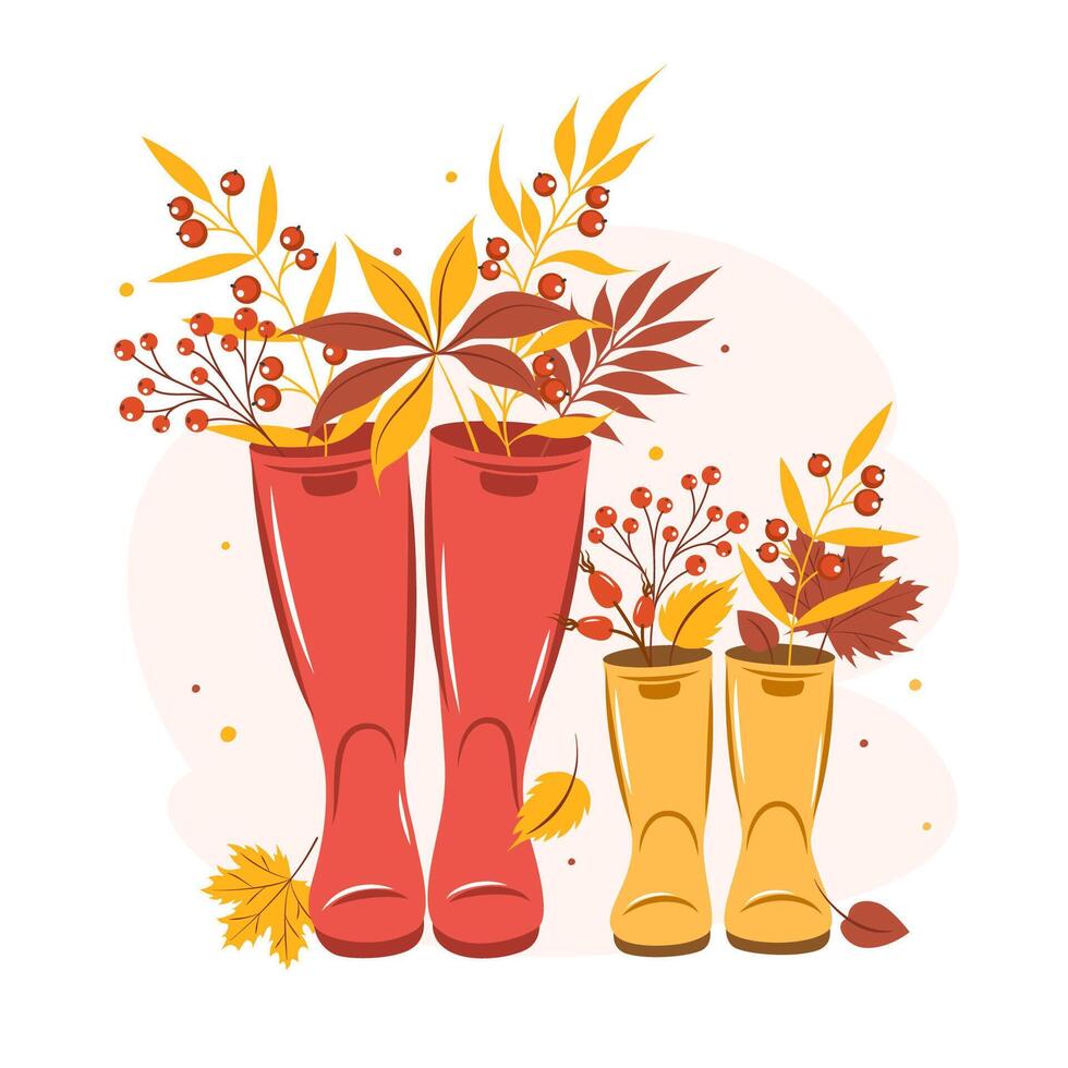 Hello Autumn. Card with Cute wellies boots and autumn leaves. vector