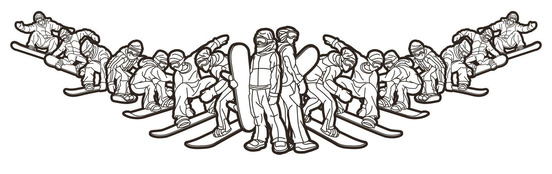 Outline Group of Snowboarder Mix Action Snowboard Sport Player vector