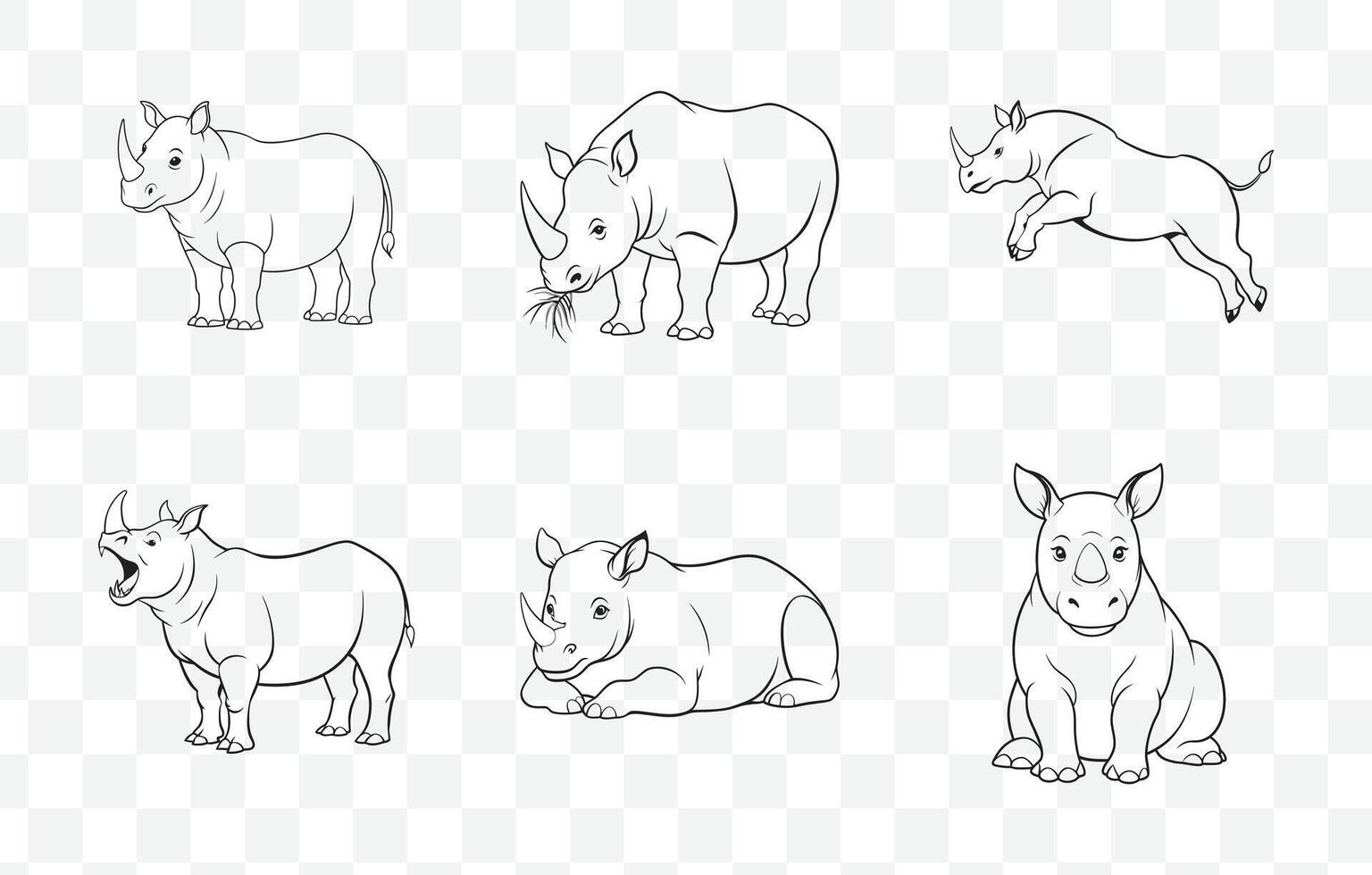 Print Comprehensive Rhinoceros Line Art Set Featuring Unique Designs and Artistic Styles vector