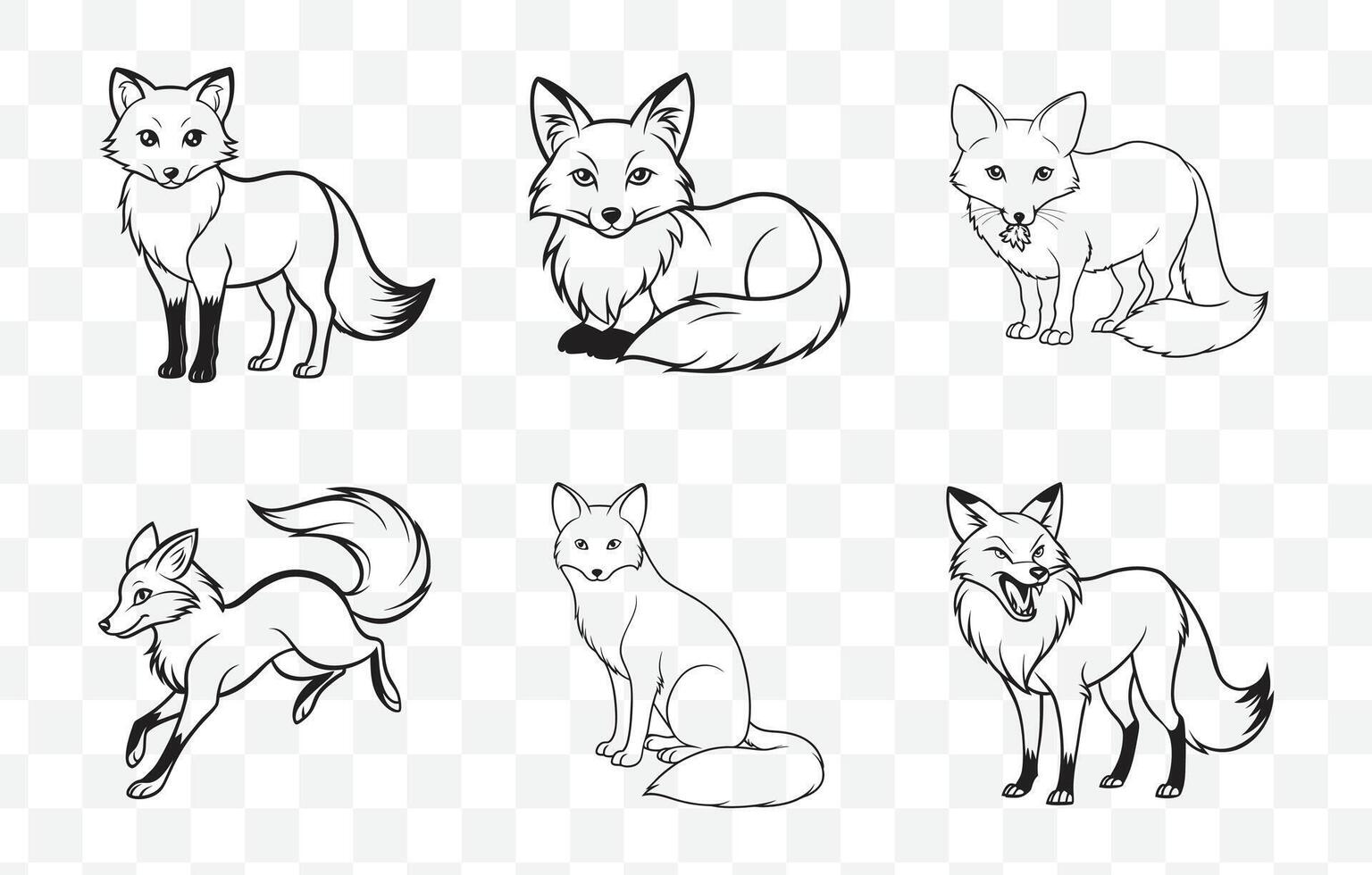 Print Comprehensive Collection of Detailed Fox Line Art Set Illustrations for Artistic and Creative Design Projects vector