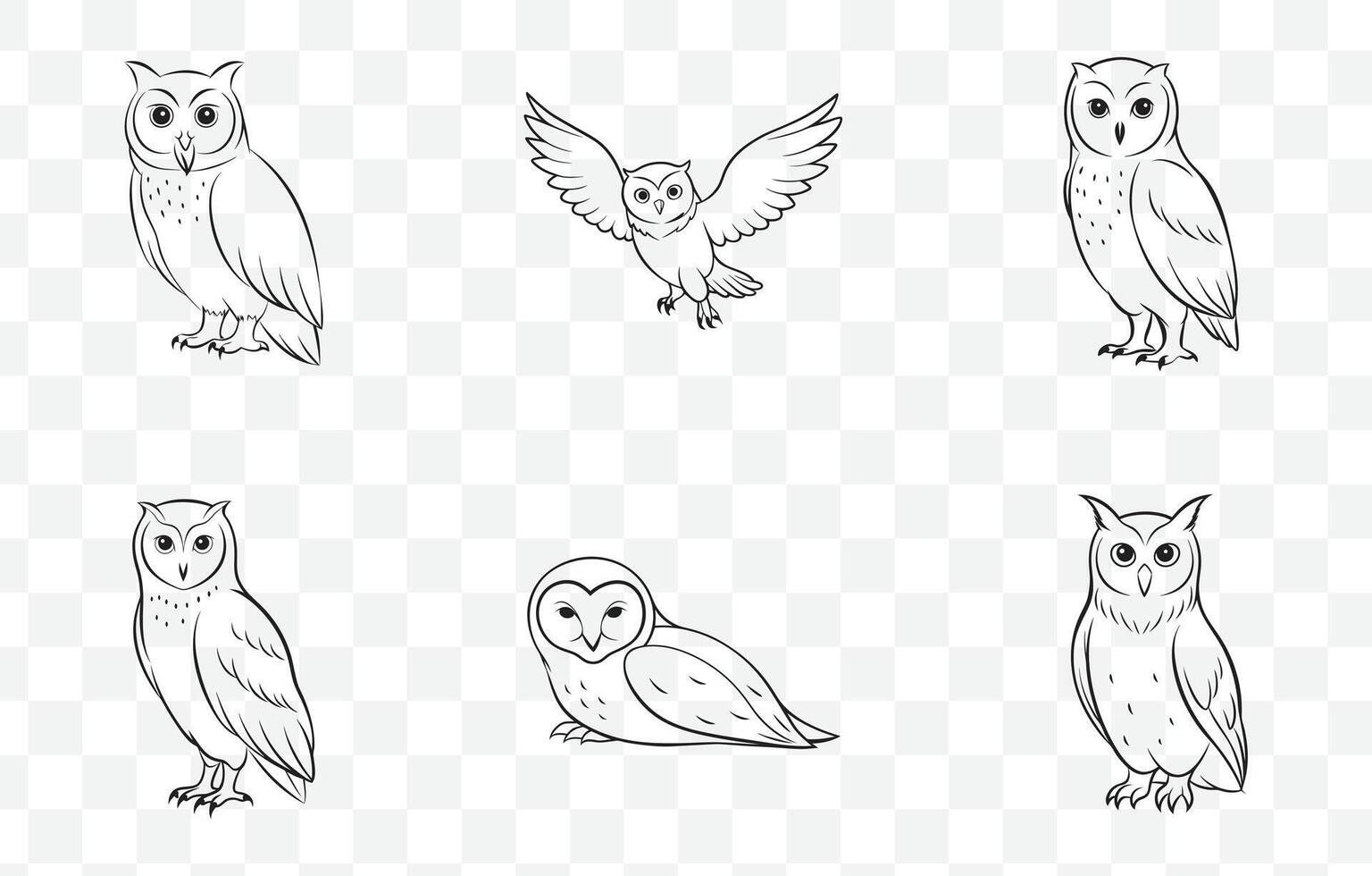 Print Elegant Owl Line Art Set with Intricate Designs and Unique Illustrations for Creative Projects vector