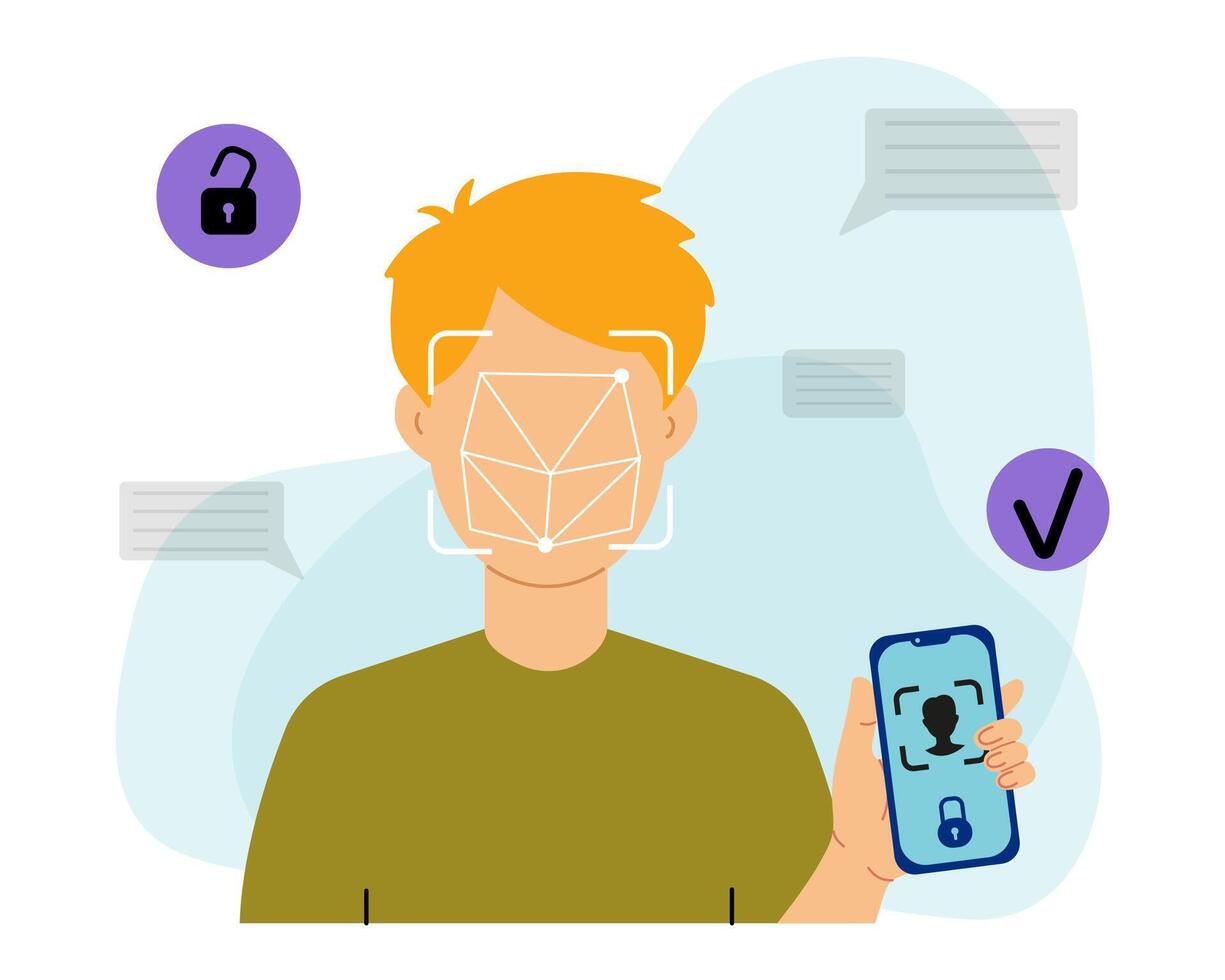 Man Using Facial Recognition on Smartphone vector
