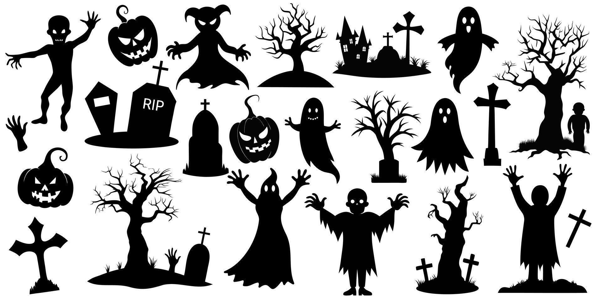 set of black Halloween silhouettes on a white background. scary set with monsters vector