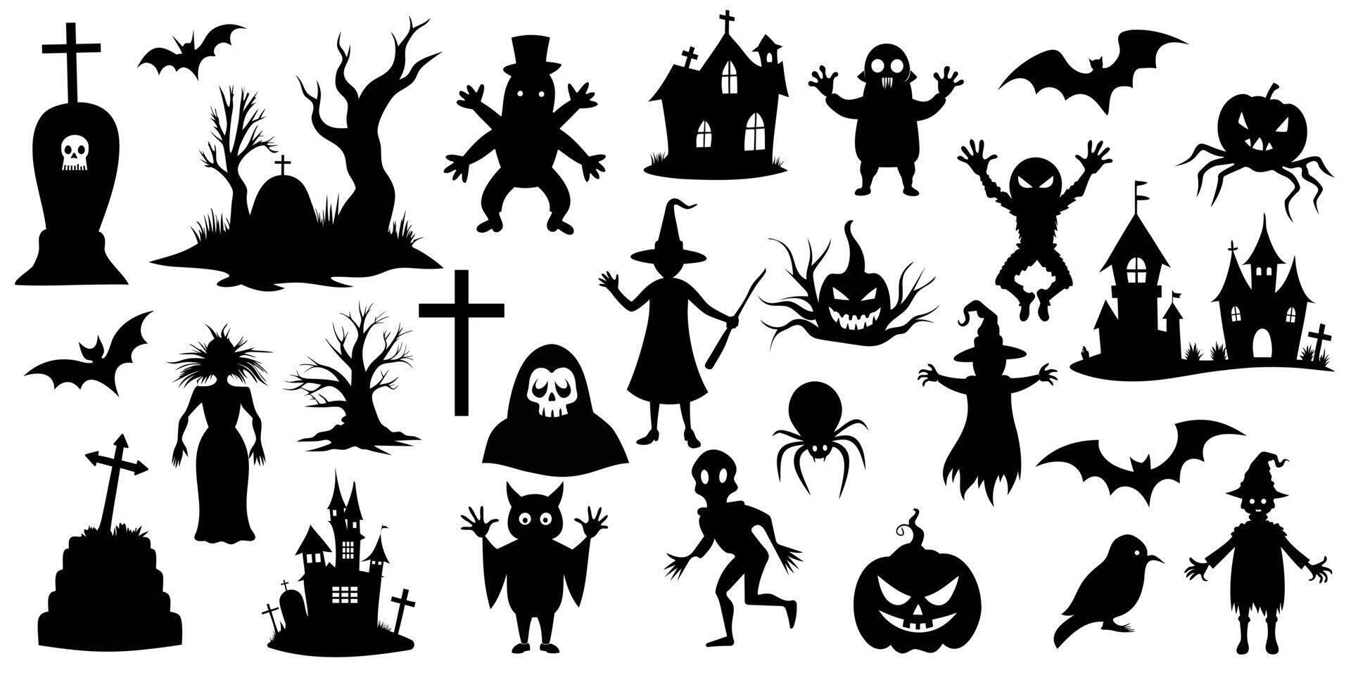 set of black Halloween silhouettes on a white background. dark drawn collection vector