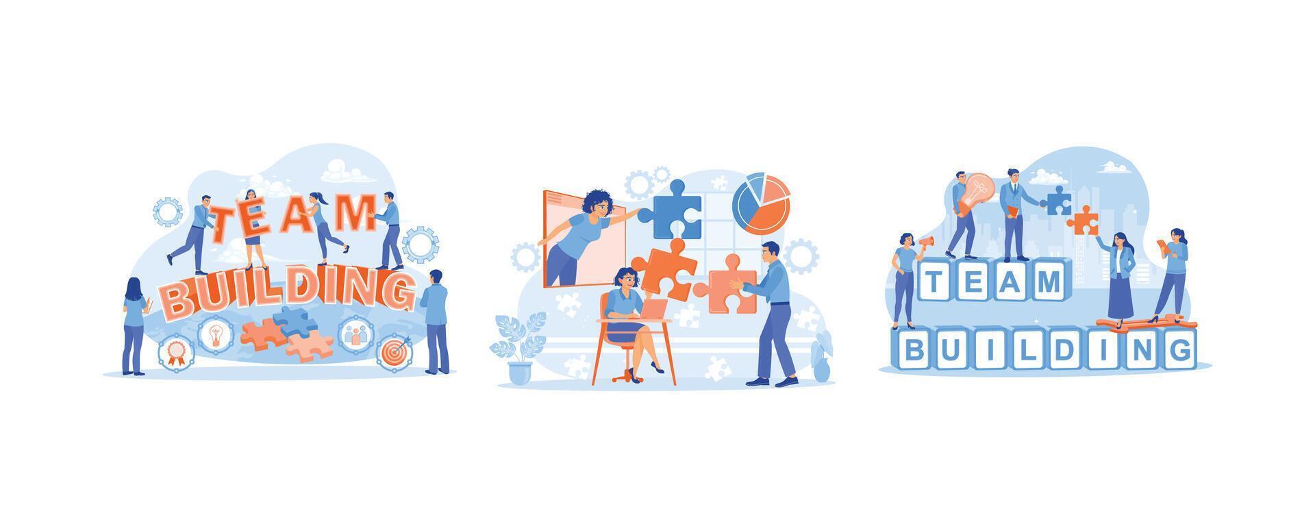 A group of people working together on a business project. Communicate and work together. Productive business teamwork. Team Building concept. Set flat illustration. vector