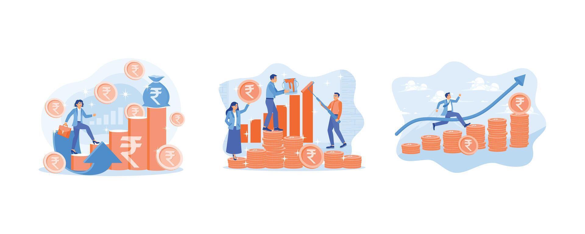 Business people walking on an increasing graph. People work to increase income. Improve performance to achieve business targets. Business Growth concept. Set flat illustration. vector