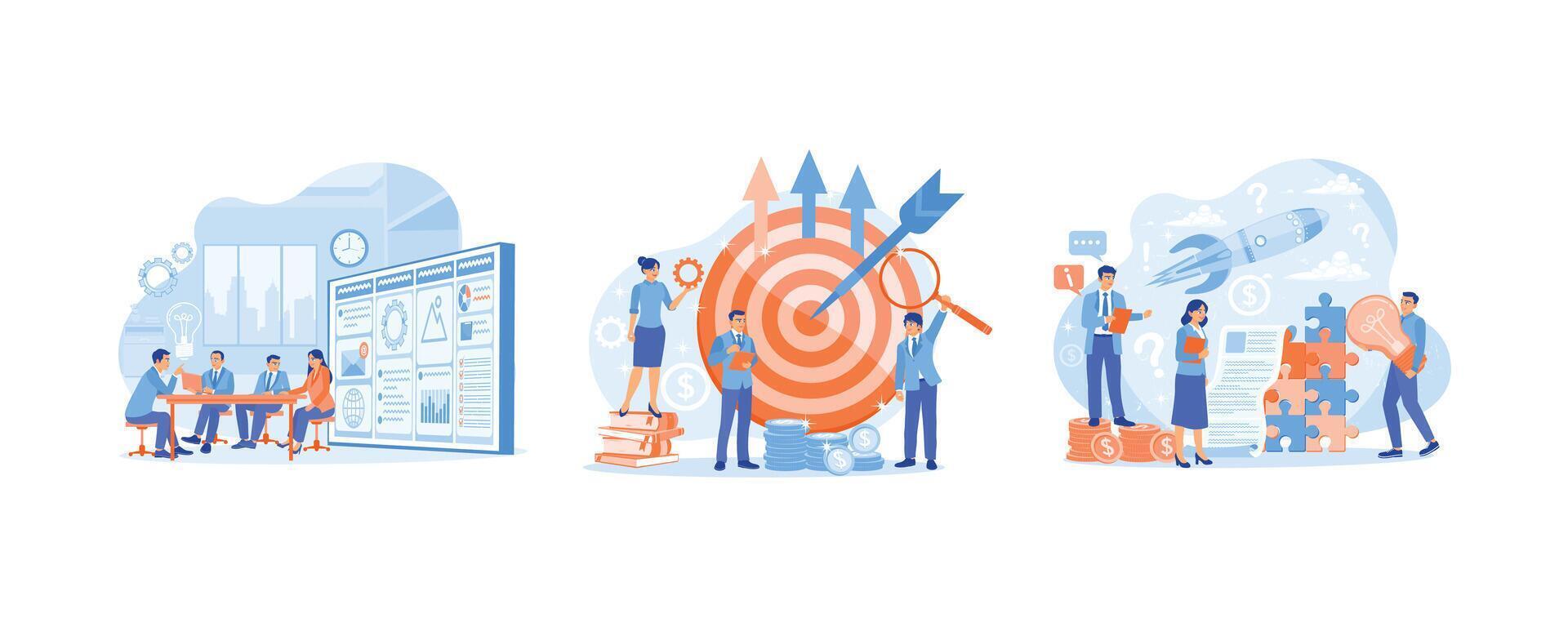 Business team having a meeting in office. Project management towards business targets. Strategy, motivation, and successful leadership. Project Management concept. Set flat illustration. vector