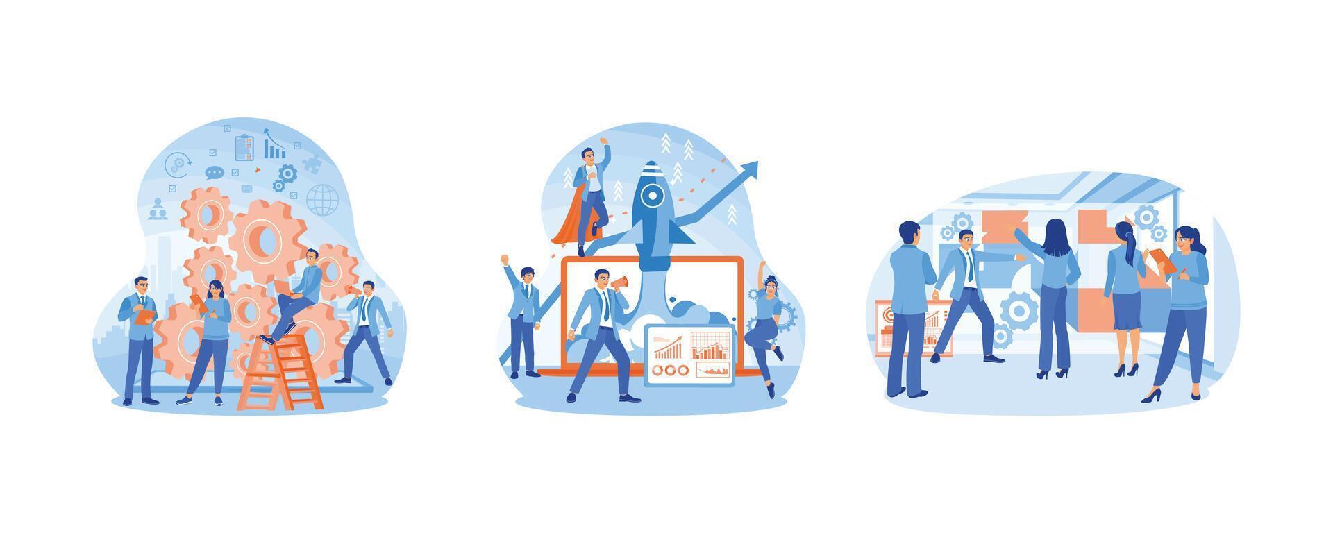 Entrepreneurs develop business strategies. Starting a new business. Managers organize business team tasks. Team work concept. Set flat illustration. vector
