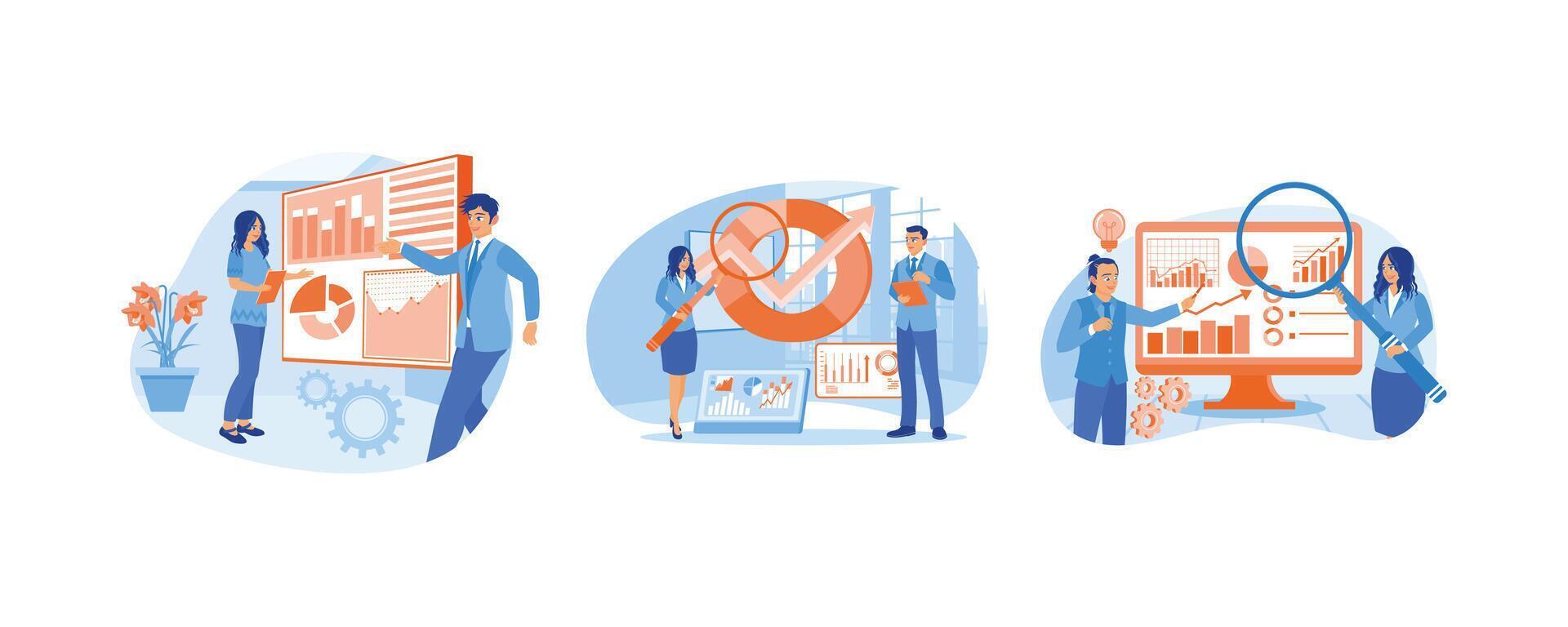 Businessmen and colleagues analyzing graphs. Planning a marketing strategy. Increase business target. Marketing research concept. Set flat illustration. vector