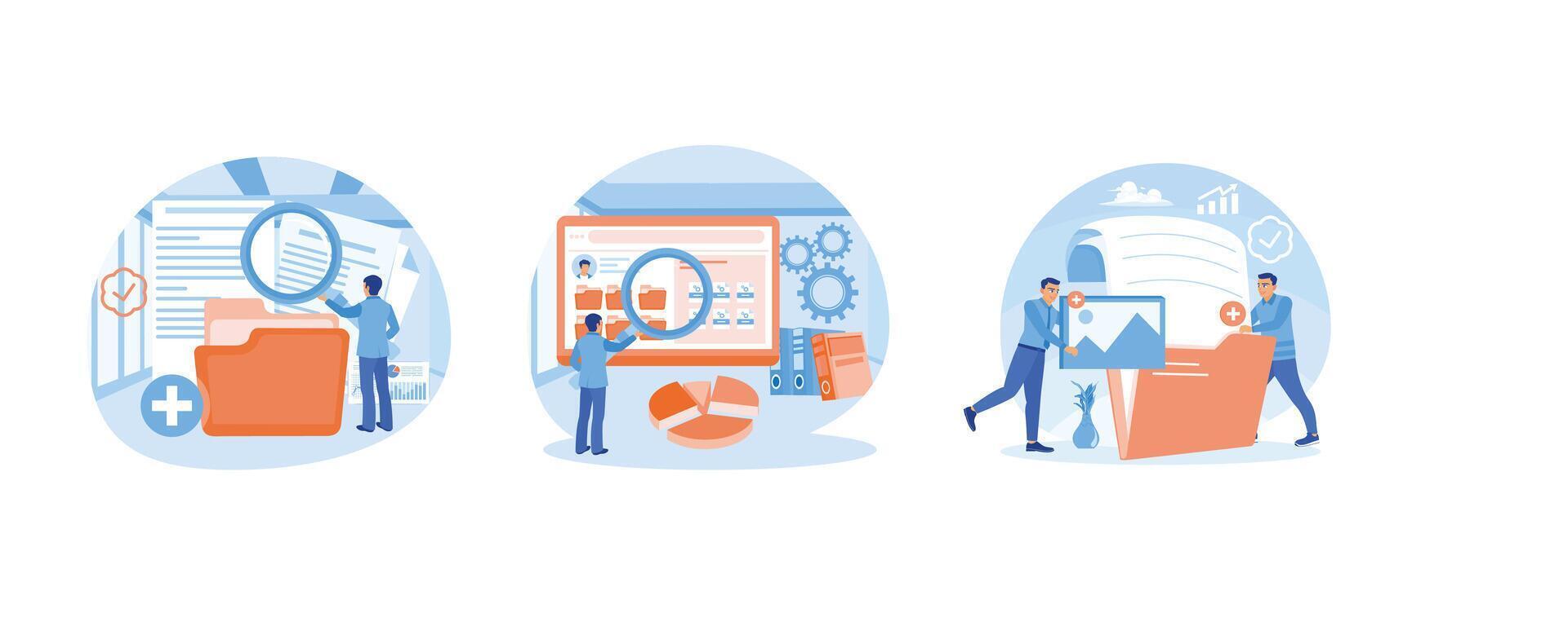 A male worker adds files to the main folder. Searching documents file. Search and store data info in the database. Storage concept. Set flat illustration. vector