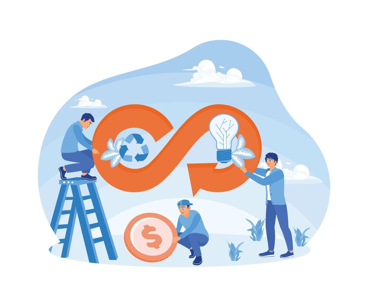 Environmentally friendly industry. People recycle industrial waste to make a profit and reduce waste. Circular economy concept. Flat illustration. vector