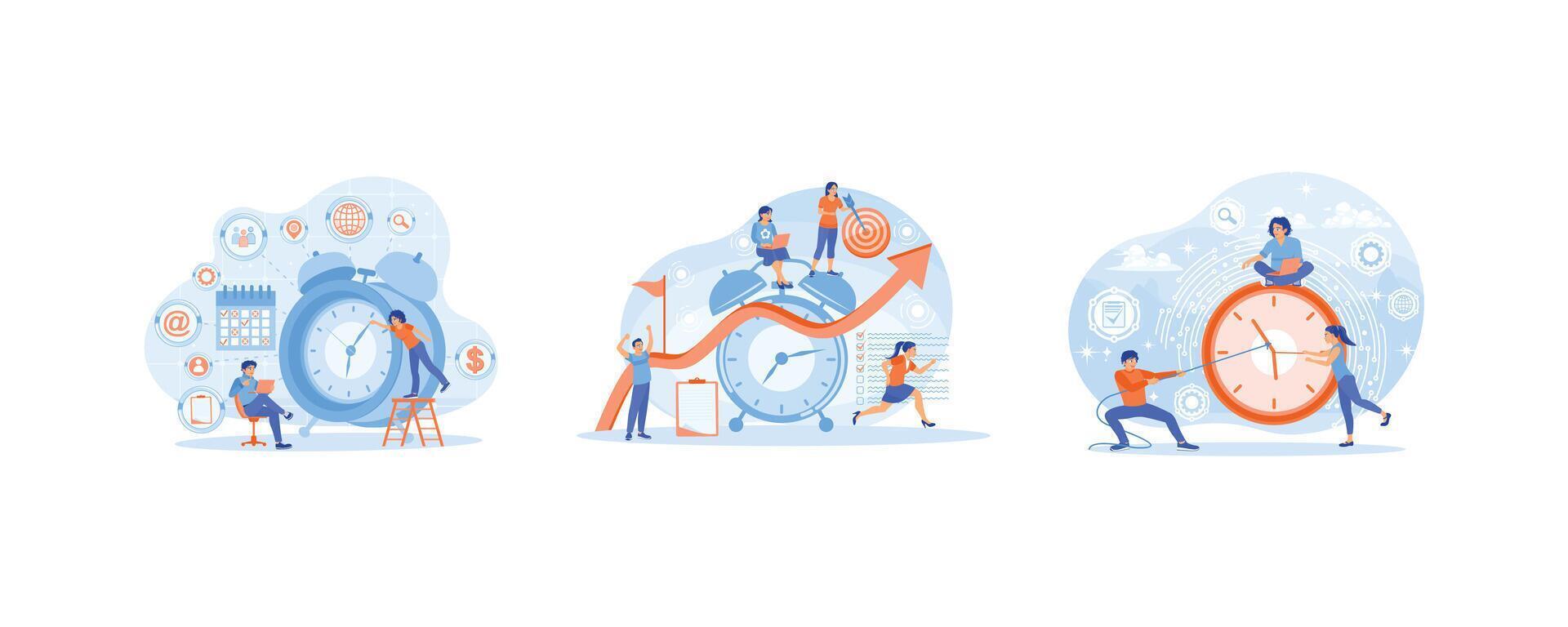 Effective teamwork efficiency. Daily routines to achieve goals. People get work done on time. Time Management concept. Set flat illustration. vector