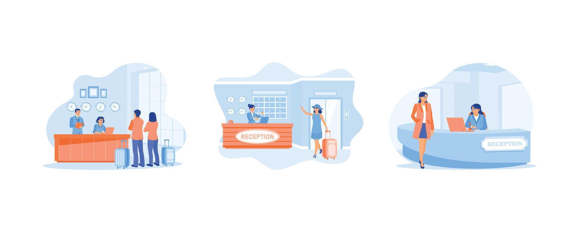 Receptionists are standing at the work desk. Guest check-in in hotel. Serve hotel customers in a friendly manner. Hotel Receptionist concept. Set flat illustration. vector