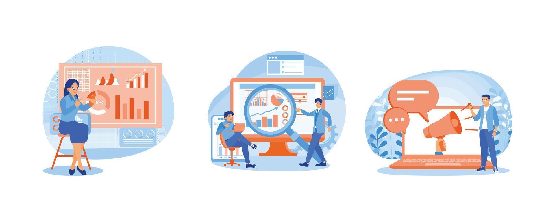 Improve digital marketing and promotions. Studying infographic data. Improve marketing to achieve targets. Digital marketing concept. Set flat illustration. vector