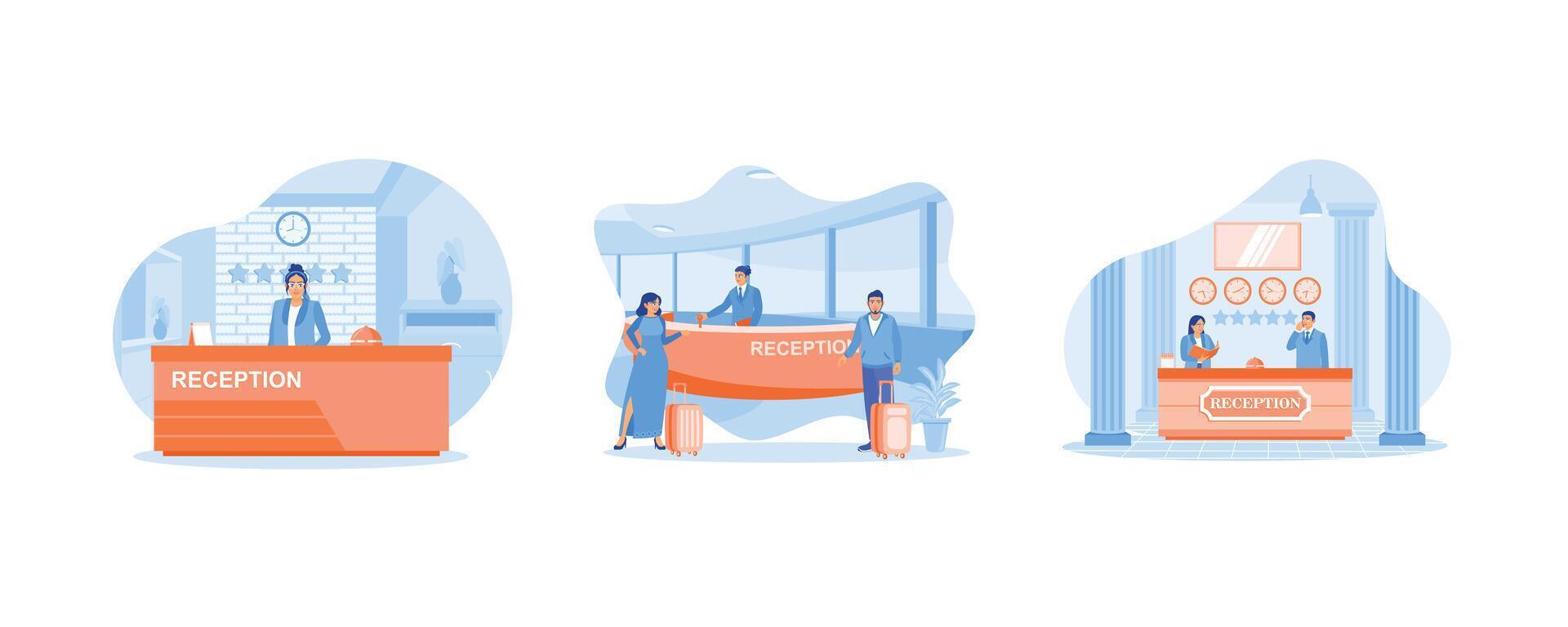 Female receptionist standing at the work desk. Male and female guests check in at the hotel. The receptionist checks the guest book. Hotel Receptionist concept. Set flat illustration. vector