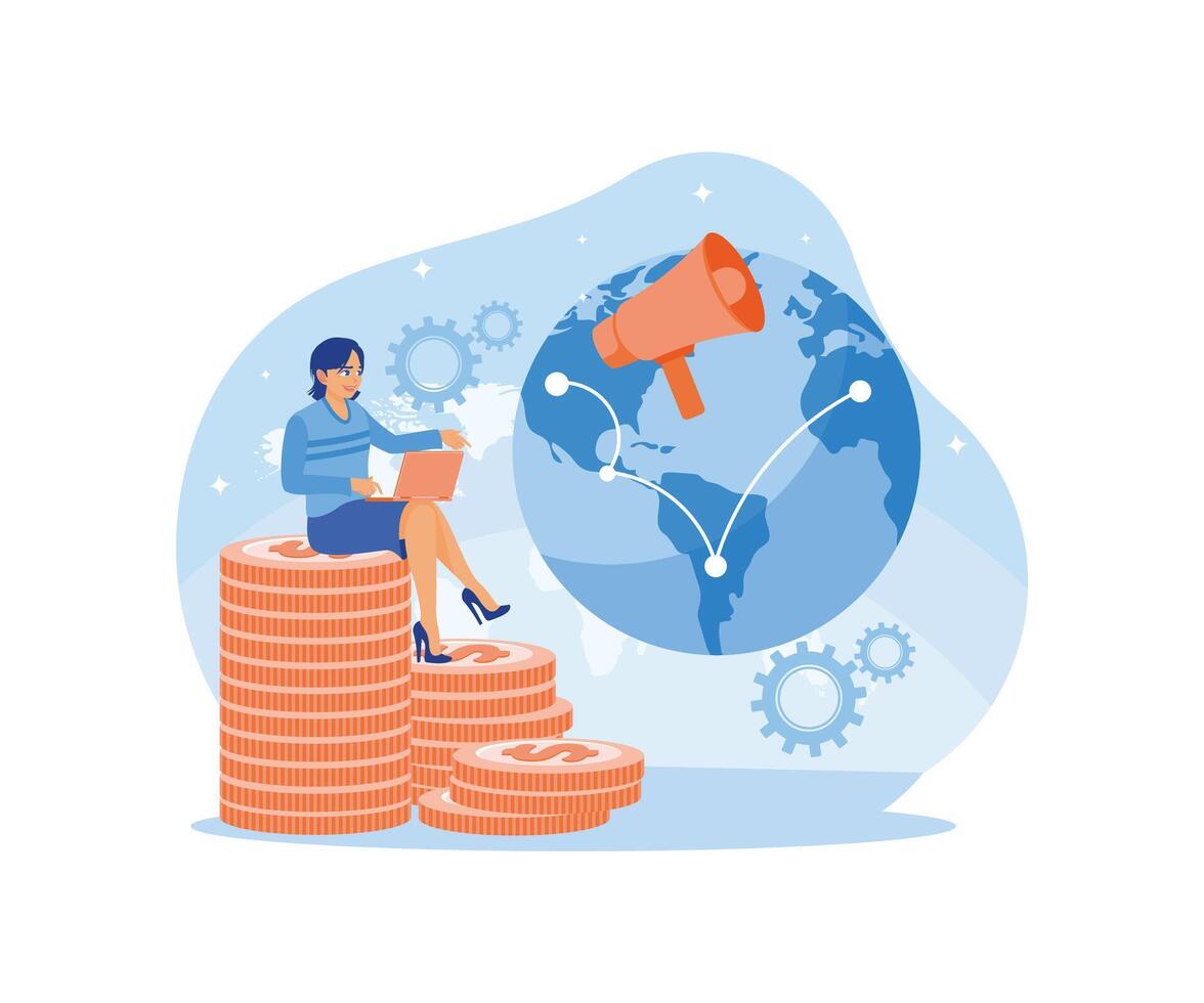 The businesswoman is sitting on a pile of coins. Improving marketing strategies globally. Business marketing concept. Flat illustration. vector