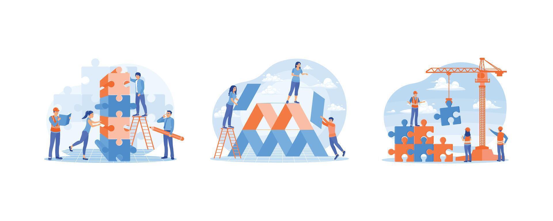 People connect puzzle pieces. Teamwork in solving problems. Cooperation and communication. Team Building concept. Set flat illustration. vector
