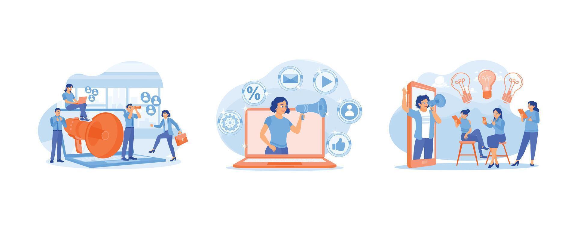 Strategies to improve marketing. Attract customers to buy the product. People place ads on social media. Promotion concept. Set flat illustration. vector