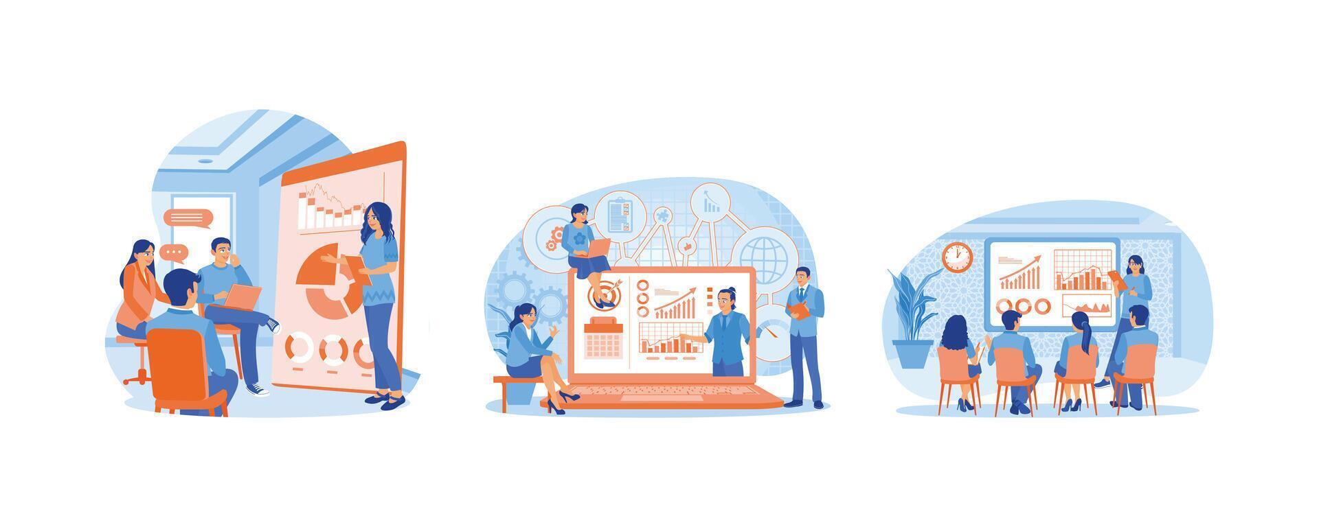 CEO provides business training to employees. Hold business seminars on marketing. speaking in front of an audience. Business seminar concept. Set flat illustration. vector