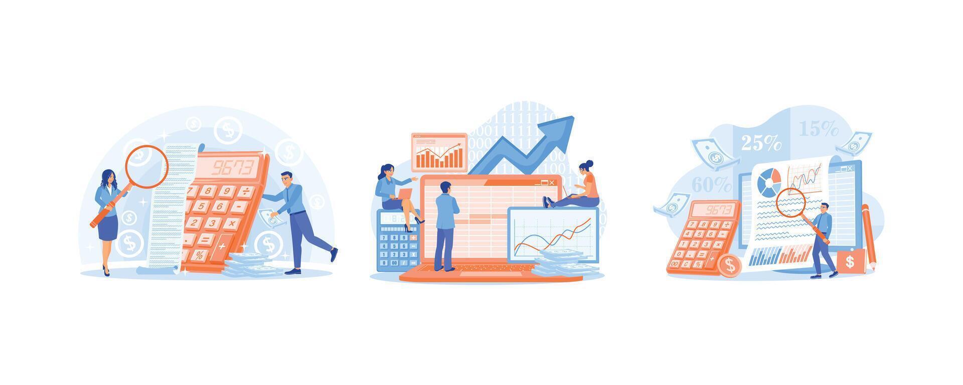 Accountants calculate a company's financial statements. Prepare financial balance sheets. Businessman analyzes company financial reports. Accounting concepts. Set flat illustration. vector