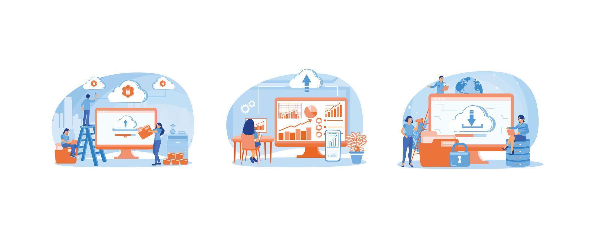 People upload data on computers. Move data from cell phone to computer. Uploading information data on a computer. Could Computing concept. Set flat illustration. vector