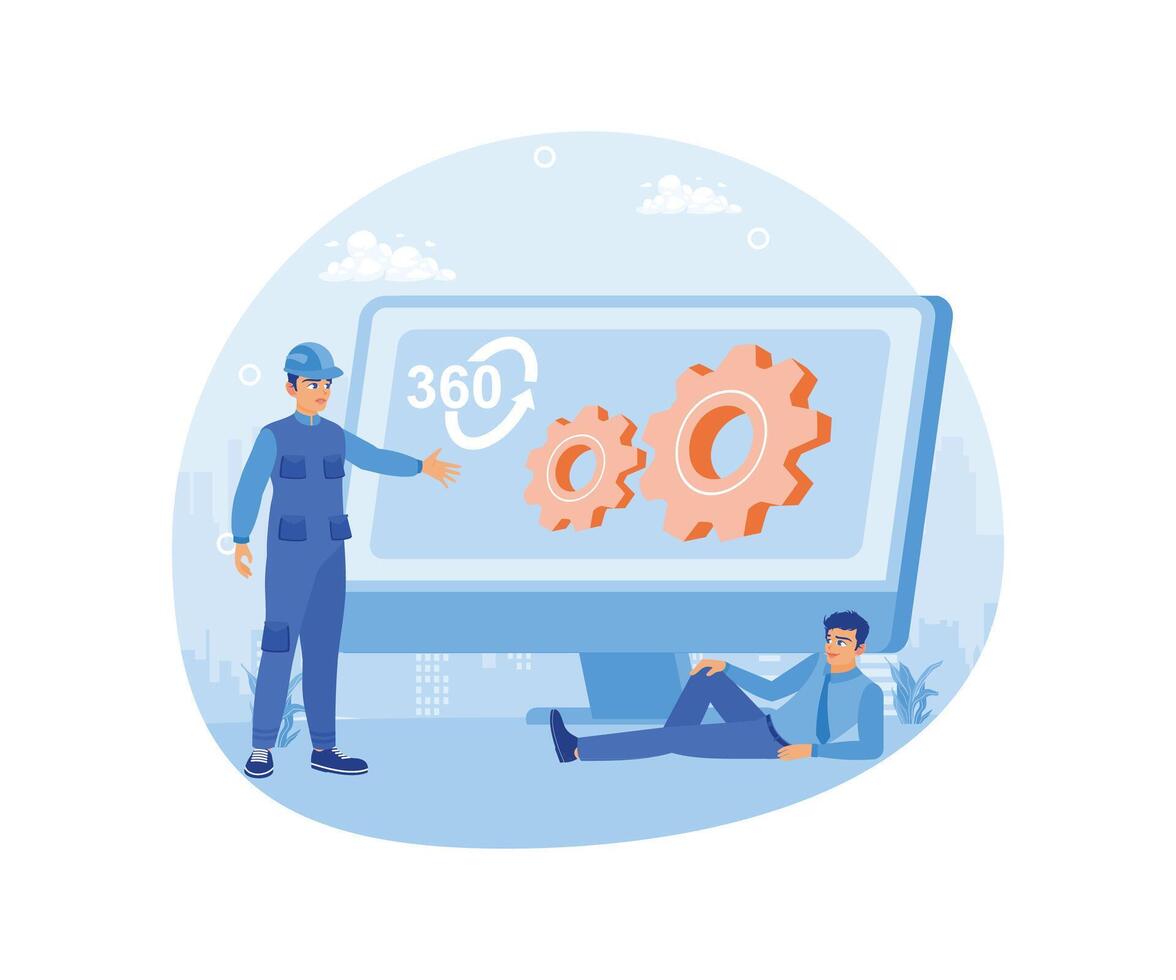 People control industry 4.0 equipment using computers. Intelligent intelligence technology in industrial factories. Smart industry concept. Flat illustration. vector