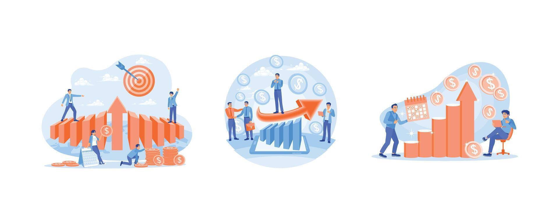 People work as a team in a company. Improve marketing to achieve business targets. Entrepreneurs make business strategy plans. Business Growth concept. Set flat illustration. vector