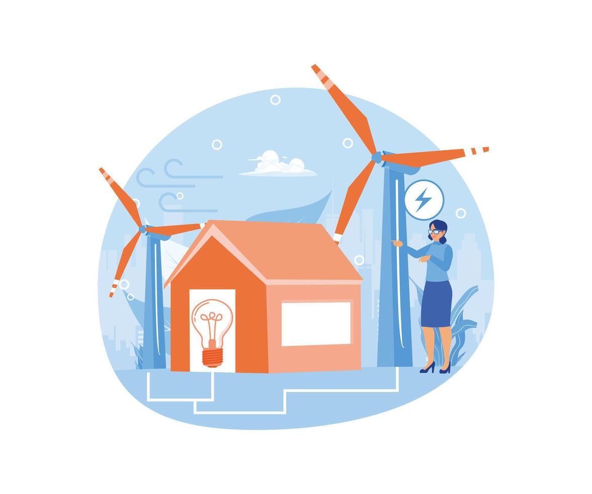 Energy efficiency in households and industry. People use environmentally friendly electricity and windmills. Energy efficiency concept. Flat illustration. vector