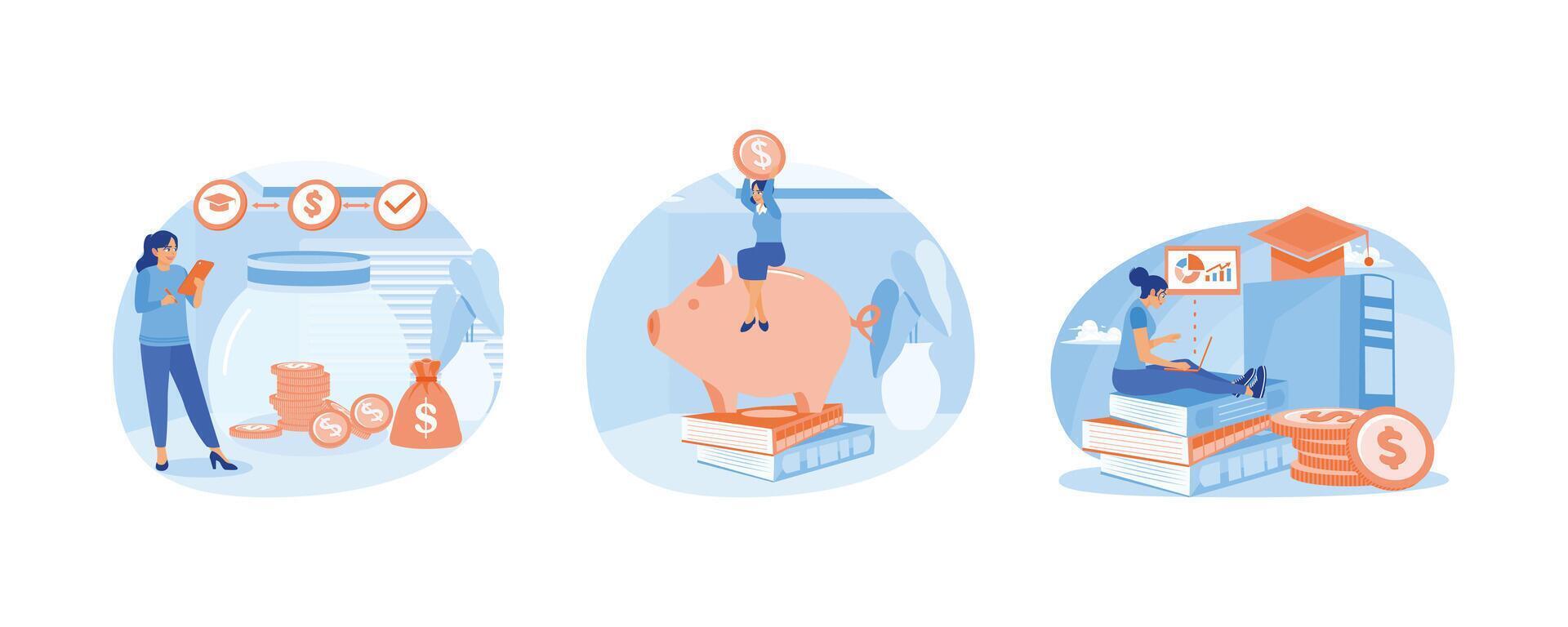 Young woman managing personal finances. Invest money in education. Learning about financial literacy for education. Financial education concept. Set flat illustration. vector